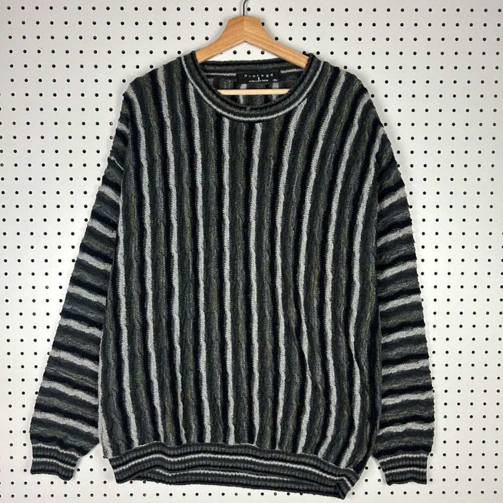 Protege Collection XL Sweater Stripe Gray Black Green Acrylic USA 90 COOGI Style